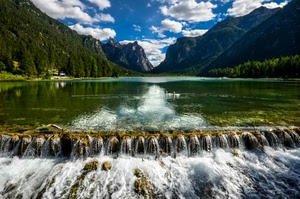 montagne, lago, acqua, nuvole, cielo, cascata, verde, cascate