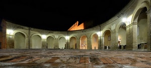 archi, piazza, luci, notte, portico, notturno, colonne, lampioni, nero, pavimento, porte, prospettiva, porticato, colonnato, merli, piazzale