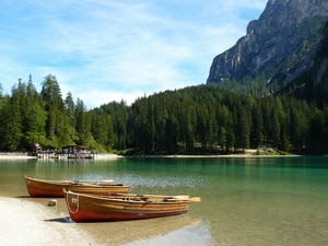 barche, lago, montagna, alberi, acqua, verde, due, bosco