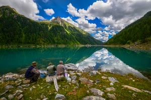 lago, nuvole, riflessi, montagne, pescatori, montagna, acqua, tre, riflesso