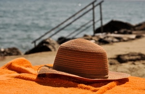 cappello, mare, arancione, asciugamano, paglia, spiaggia
