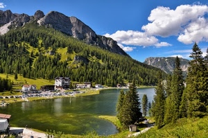 lago, montagna, alberi, nuvole, acqua, verde, panorama, montagne, case