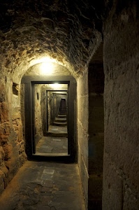 corridoio, porte, luci, archi, pavimento, muri, volta, ombre, tunnel, pietra, cornici, pietre, stretto, sotterraneo, luce, soffitto, prospettiva, legno, arco