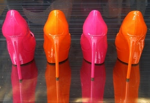 scarpe, rosa, riflessi, arancione, quattro, riflesso, tacchi, donna, rosso, tacco, colori