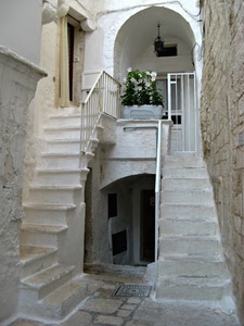 scale, gradini, fiori, ringhiera, bianco, porte, vaso