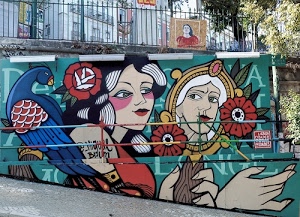 murales, ringhiera, fiori, donne, uccello, murale, colori, rosso, muro, blu, alberi, azzurro, graffiti, verde, specchio