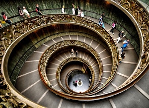 persone, spirale, scala, scale, chiocciola, balaustra, scalinata, gradini, scalini, oro, discesa, decorazioni, corrimano, salita