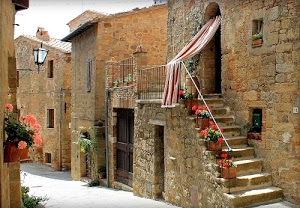 fiori, lampione, tenda, case, finestre, scala, porte, borgo, vasi, scale, vicolo, ringhiera, piante, gradini, scalini, rosso, verde, strada, portone