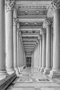colonne, porta, capitelli, marmo, bianconero, pavimento, soffitto, corridoio, portico, prospettiva, colonnato, geometria, cerchi, acanto, quadrati, cassettoni