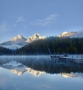 lago, montagne, pontile, neve, acqua, cielo, riflesso, riflessi, bosco, alberi, azzurro, molo, nuvole, legno, panorama, paesaggio