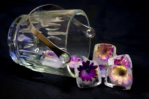 ghiaccio, fiori, cubetti, vetro, viola, bicchiere, manico, nero, giallo, portaghiaccio, acciaio, trasparenza, petali, secchiello, cristallo, bianco