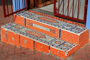 mosaico, scalini, arancio, cancello, gradini, arancione, blu, porta, disegni