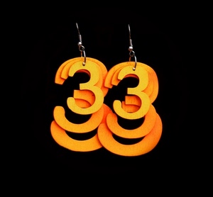 tre, arancione, nero, numero, numeri, orecchini, trentatré, curve, ganci, paio, giallo, trentatre, due