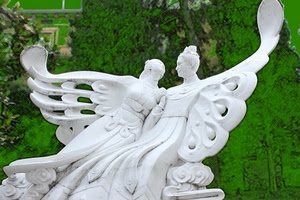 bianco, ali, verde, alberi, statue, angeli, marmo, statua, monumento, due, scultura