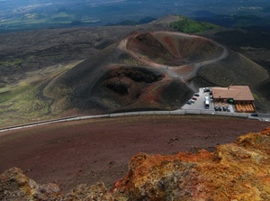 cratere, vulcano, rocce, panorama, montagna, strada, automobili, terra, rifugio, lava