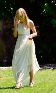 bianco, vestito, telefono, sposa, bionda, donna, prato, abito, telefonare, capelli, giardino