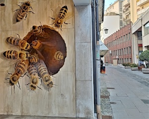 api, strada, murale, case, lampione, finestre, murales, muro, piante, graffito, alveare, insetti, via, grondaia, palazzi, città, fioriere, graffiti, tenda, pittura, vasi, balconi