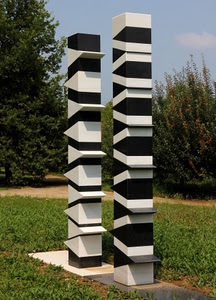 alberi, bianconero, bianco, nero, colonne, monumento, scultura, erba, prato, verde, geometrie, giardino, bicolore