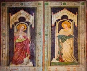 rosso, santi, aureola, affreschi, verde, cornici, cornice, affresco, pittura, due, aureole, arte, sante, vesti, immagini