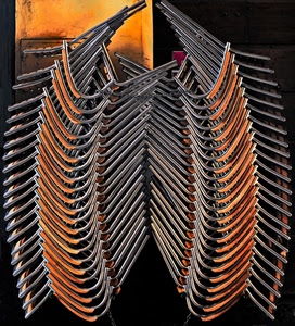 sedie, metallo, catasta, astratto, curve, pila, catena, file, arancione, tanti, pattern, ferro