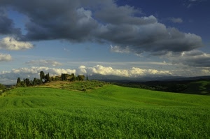 nuvole, panorama, verde, alberi, cielo, paesaggio, erba, prato