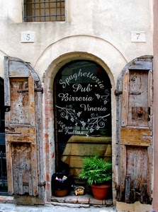 porta, pianta, vetrina, legno, insegna, vaso, negozio, numeri, spaghetteria, birreria, vasi