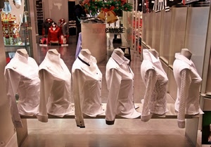 camicie, vetrina, bianco, negozio, sei, esposizione, manichini, bianche