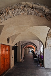 portico, archi, porta, portone, prospettiva, volta, volte, vaso, colonne, sedie