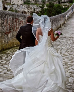 sposi, velo, bianco, bouquet, matrimonio, fiori, strada, sposa, abito