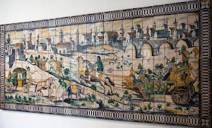 piastrelle, cavalli, case, ponte, ceramica, carrozza, carri, persone, torri, città, carro, quadro, piante, ponti, archi, mattonelle, elefante