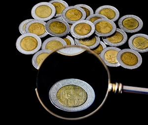 lente, monete, cinquecento, ingrandimento, lire, oro, metallo, dorato, bicolore, argento, moneta, cerchio, bimetallo