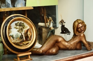 statua, donna, oro, cerchio, quadro, piatto, nuda, nudo, cornice, soprammobile, dipinto