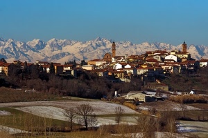 montagne, neve, panorama, paese, alberi, borgo, campi, cielo, chiesa, monti, case