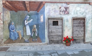 murales, fiori, donne, porte, legno, vaso, bambina, rosso, luce, dipinto, usci, murale, travi, casa, strada, finestra, grembiule, uscio, seduta, tombino, due