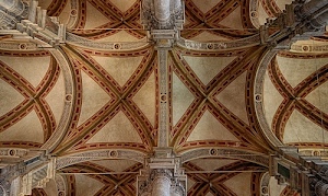 soffitto, archi, colonne, capitelli, geometrie, incroci, chiesa, volta, rosso, ics, marrone, giallo, interno, volte