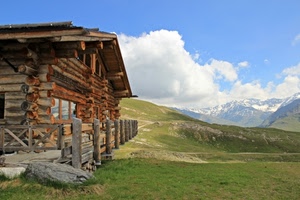 baita, nuvole, legno, montagna, prato, montagne, verde, cielo