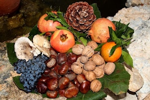 foglie, noci, uva, castagne, pigna, frutta, funghi, autunno, melograno, verde, arancia, marrone, arancione, autunnale, grappolo, natura, melograni, stagione