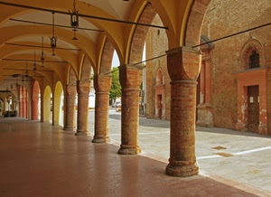 colonne, archi, portico, lampioni, strada, lampade, porticato, portici, mattoni, chiesa