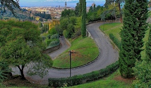 alberi, strada, verde, curve, panorama, prato, sinuoso, città, cipressi, firenze, siepe, curva, asfalto, case, lampioni, cupola, tornante, erba, torre, lampione