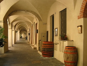botti, portico, archi, prospettiva, portici, colonne, finestra, rosso, volte