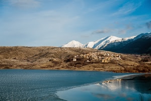 neve, lago, acqua, montagne, cielo, riflesso, montagna, nuvole, paese, panorama, borgo, ghiaccio, riflessi