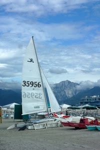 vela, barche, spiaggia, barca, nuvole, montagna, montagne, rosso, cielo