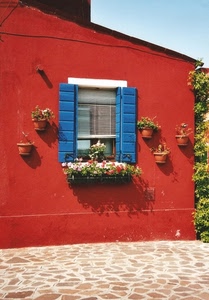finestra, vasi, fiori, rosso, azzurro, blu, persiane, casa