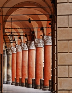 colonne, archi, lampione, portico, capitelli, porticato, portici, mattoni, prospettiva, muro, pavimento, rosso
