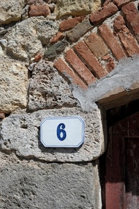 mattoni, numero, sei, muro, pietra, blu, civico, porta, bianco, pietre, arco, marrone