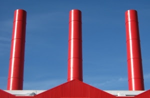 rosso, ciminiere, tre, cielo, fabbrica, tubi, tetto, azzurro, camini