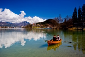 barca, lago, riflesso, nuvole, acqua, montagne, cielo, alberi, remi, riflessi