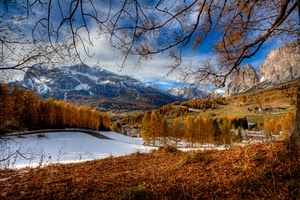 rami, neve, autunno, alberi, montagna, montagne, paesaggio, giallo, lago, bosco