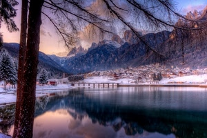 lago, neve, inverno, montagne, panorama, montagna, albero, acqua, riflessi