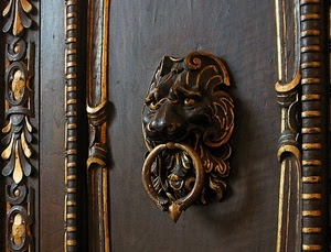 leone, porta, batacchio, anello, portone, battiporta, legno, oro, battente, metallo, fregi